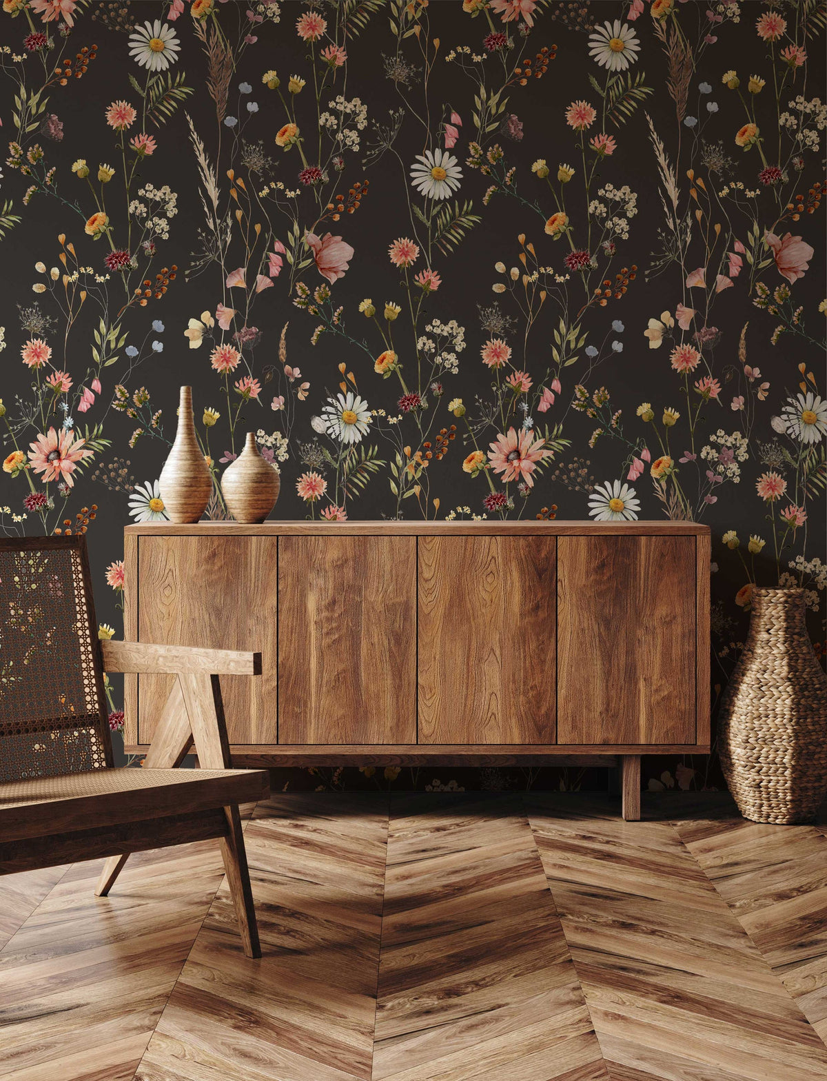 Moody Dark Wildflower Wallpaper behind a wooden sideboard