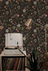 Moody Dark Wildflower Wallpaper behind a record player