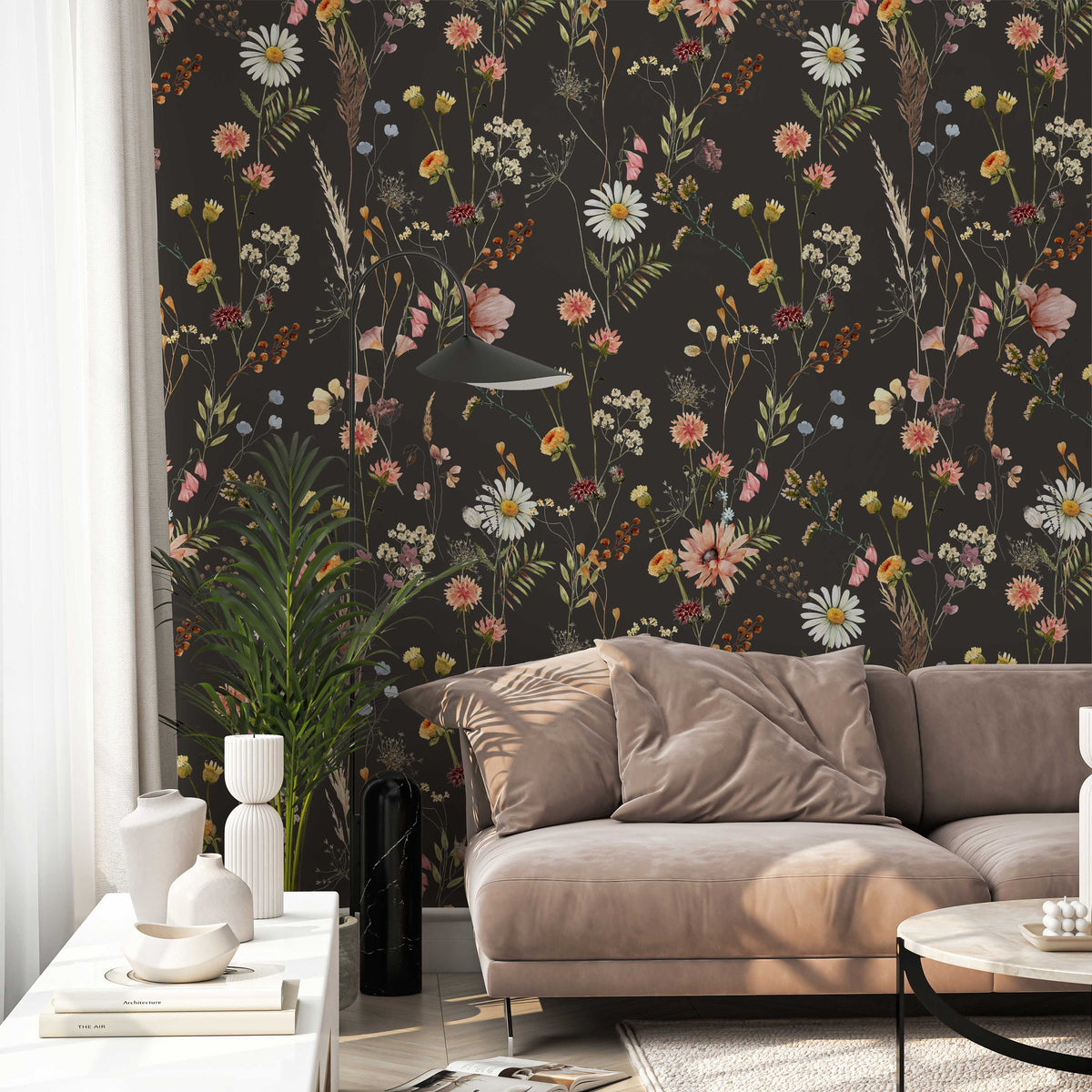 Moody Dark Wildflower Wallpaper behind a sofa