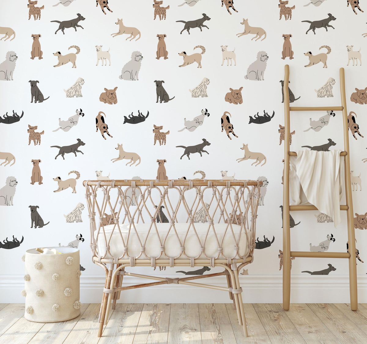 Dog Doodle Wallpaper behind a rattan crib
