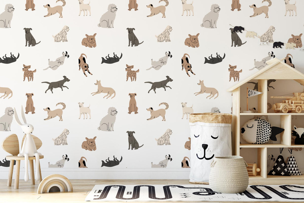 Dog Doodle Wallpaper behind a dolls house shelf
