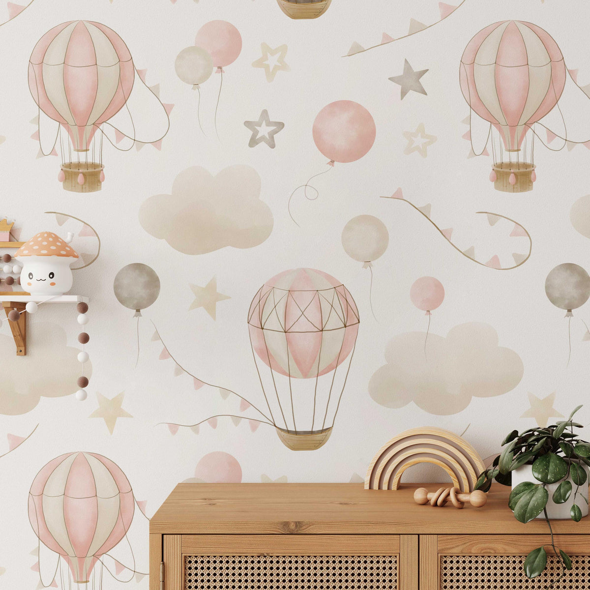 Pink Hot Air Balloon Wallpaper above a sideboard