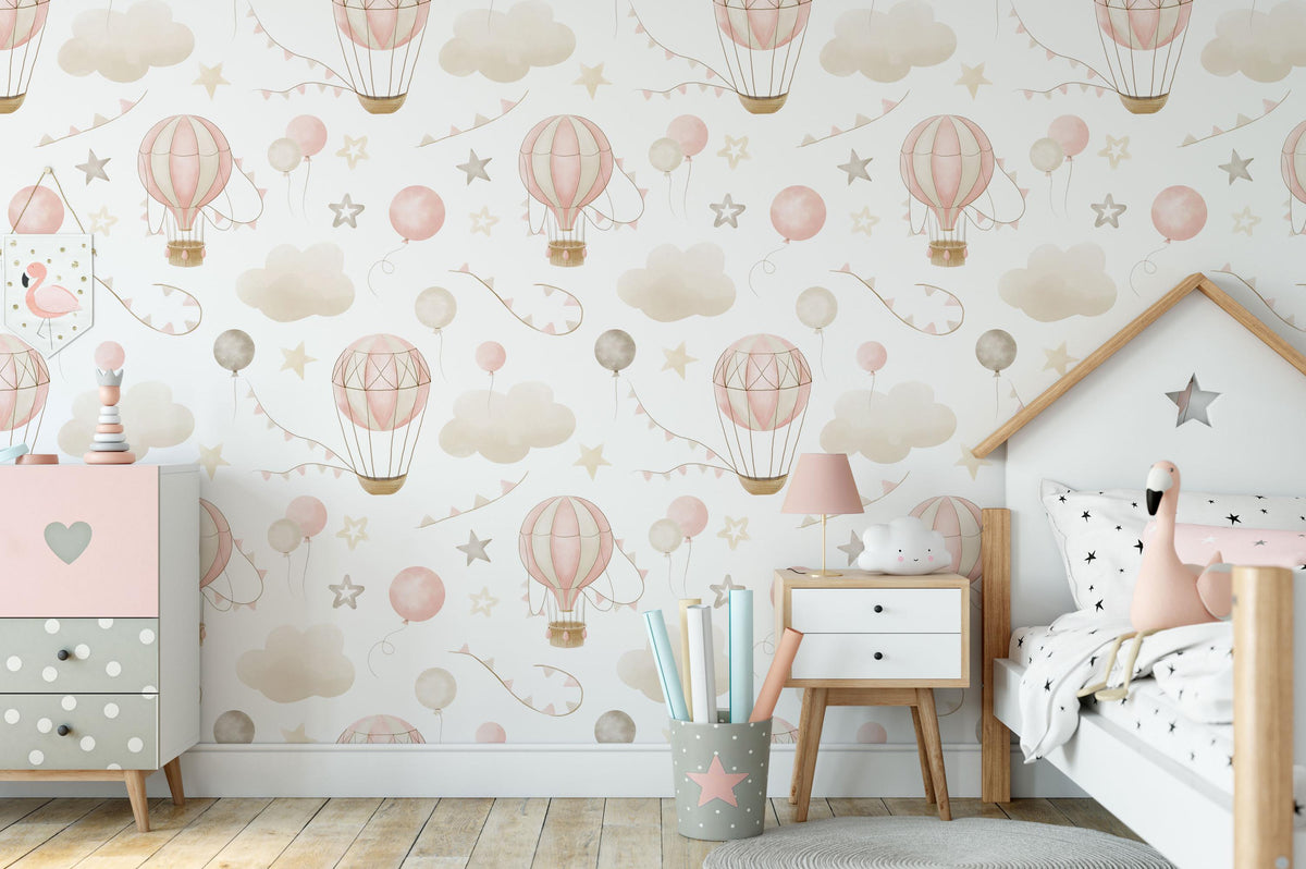 Pink Hot Air Balloon Wallpaper behind a house-shaped bed