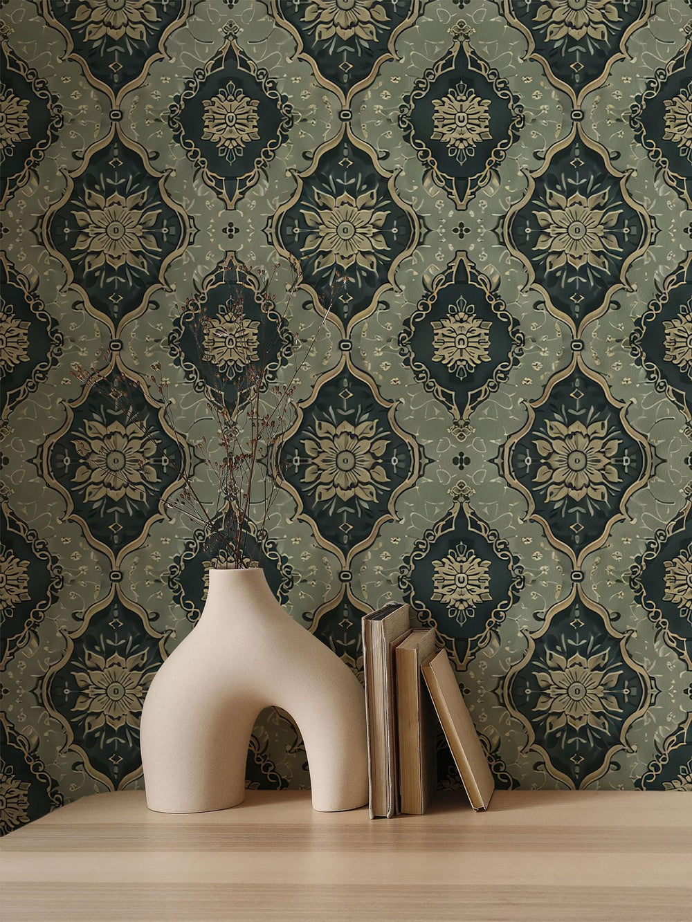Vintage Green Medallion Wallpaper behind a sideboard with vases