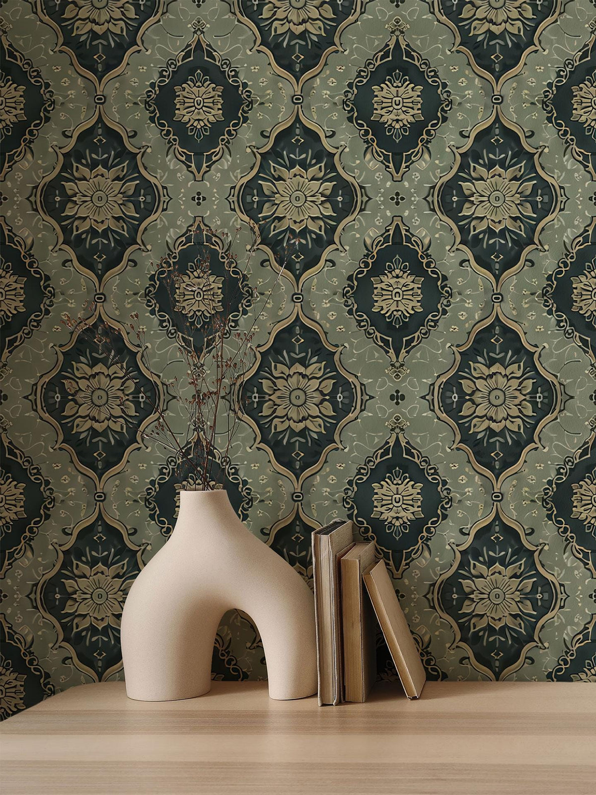 Vintage Green Medallion Wallpaper behind a sideboard with vases