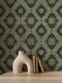 Vintage Green Medallion Wallpaper behind a sideboard with vases