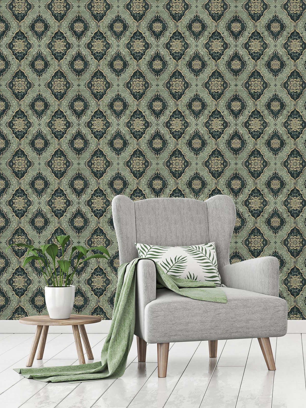 Vintage Green Medallion Wallpaper behind a grey armchair