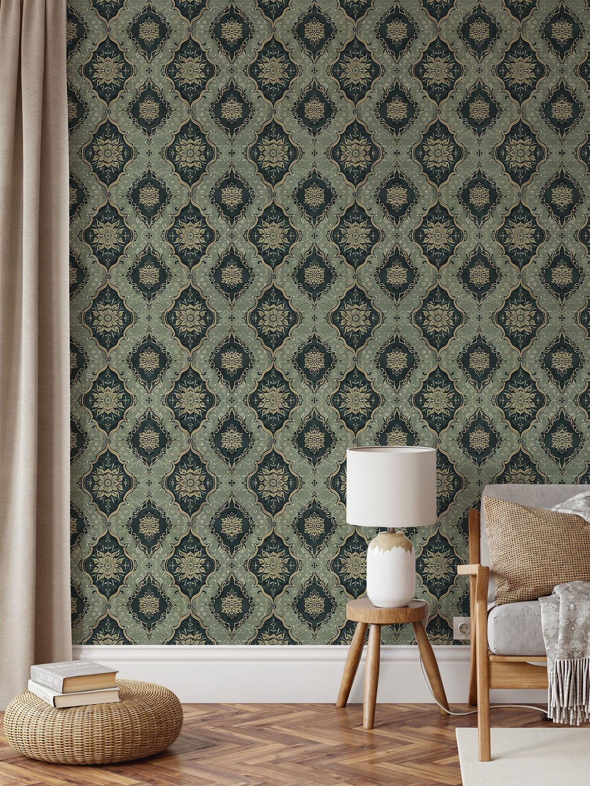 Vintage Green Medallion Wallpaper in a living room