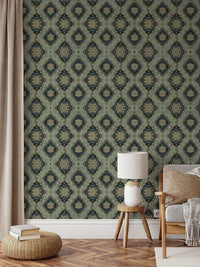 Vintage Green Medallion Wallpaper in a living room