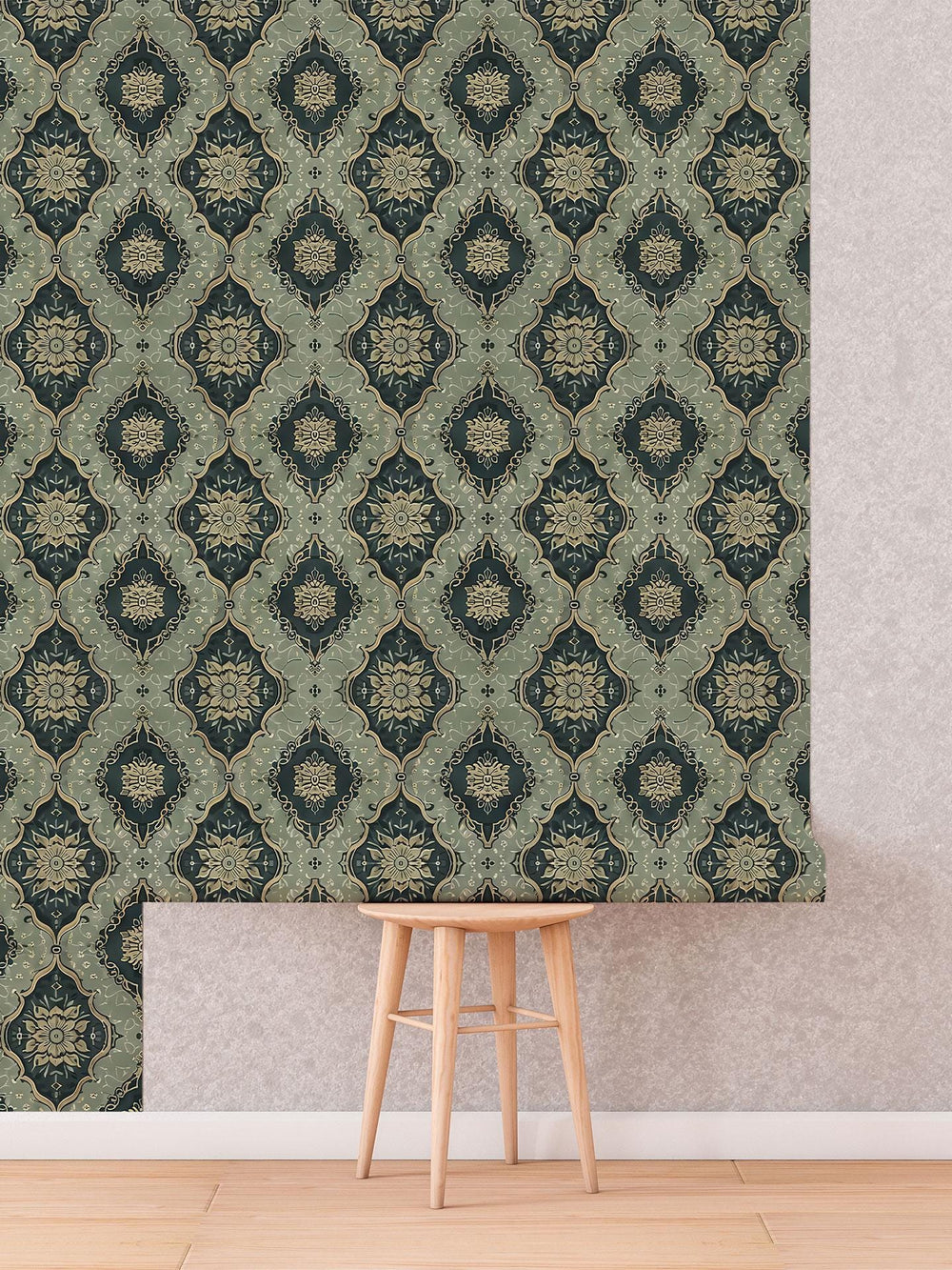 Vintage Green Medallion Wallpaper roll shown against a wall