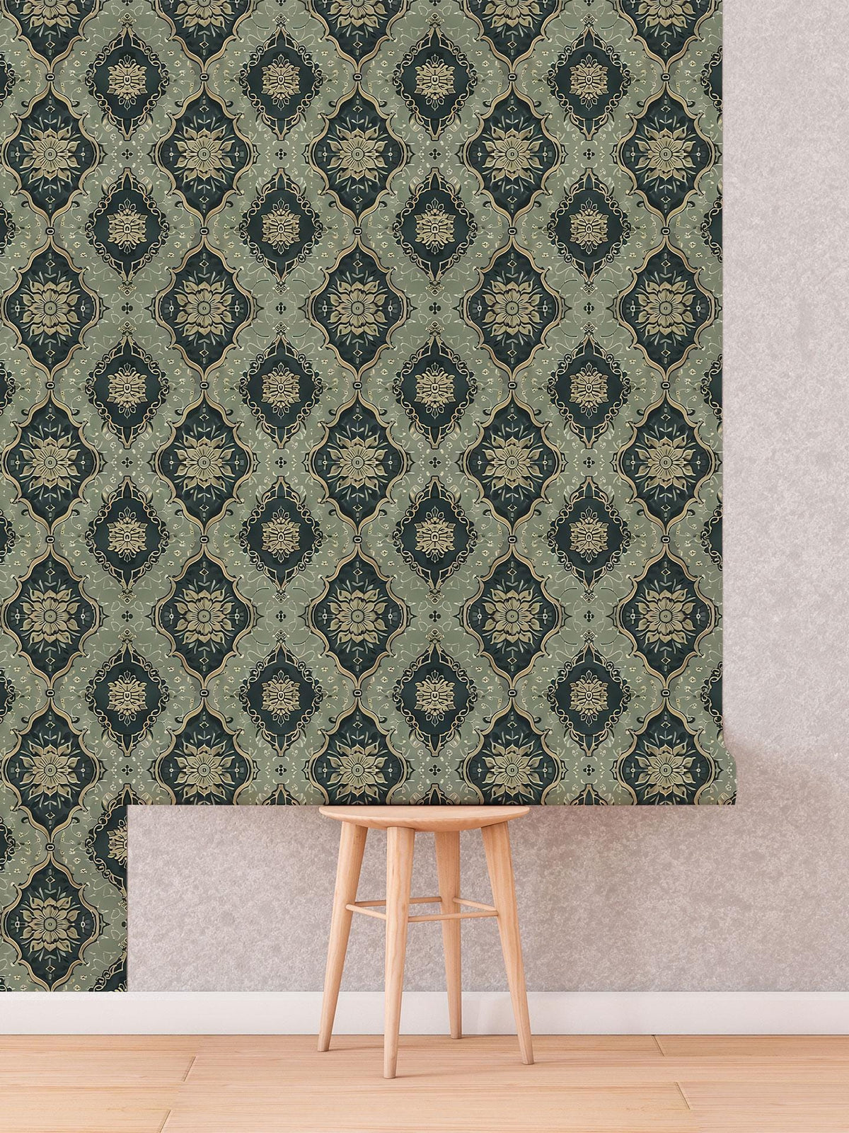 Vintage Green Medallion Wallpaper roll shown against a wall