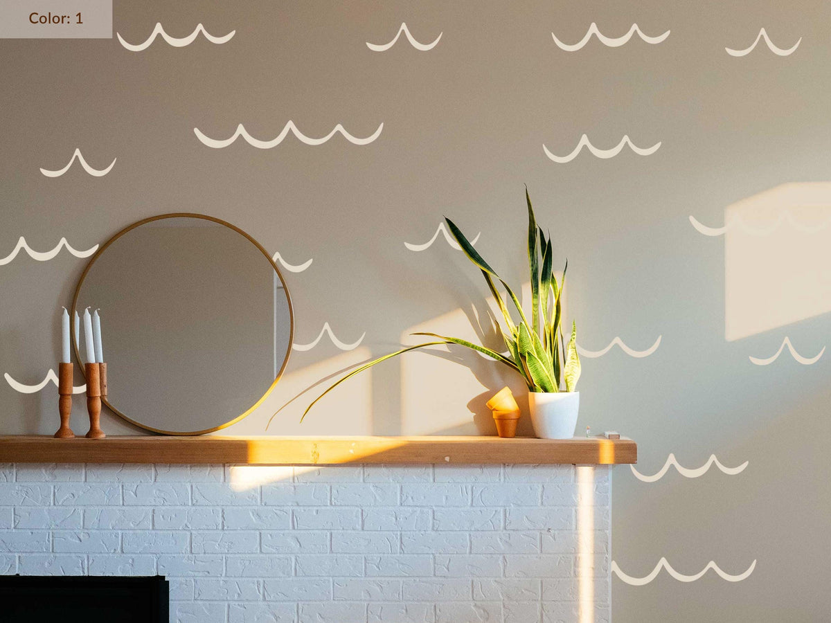 Ocean Wave Wall Decals in cream above a mantelpiece