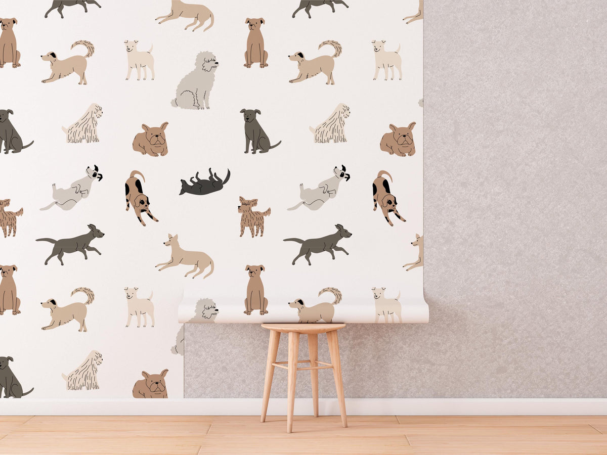 Dog Doodle Wallpaper roll shown against a wall