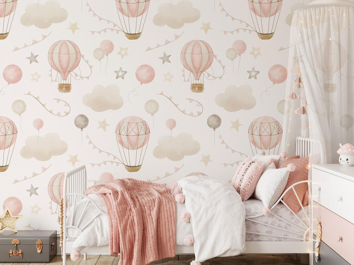 Pink Hot Air Balloon Wallpaper in a girl's bedroom