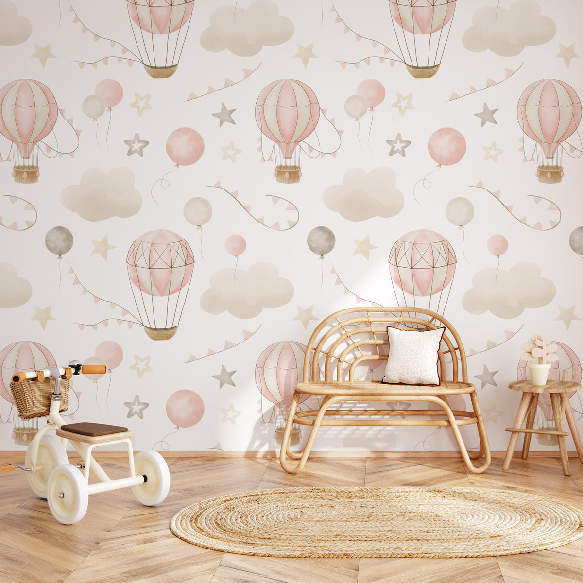 Pink Hot Air Balloon Wallpaper behind a rattan bench
