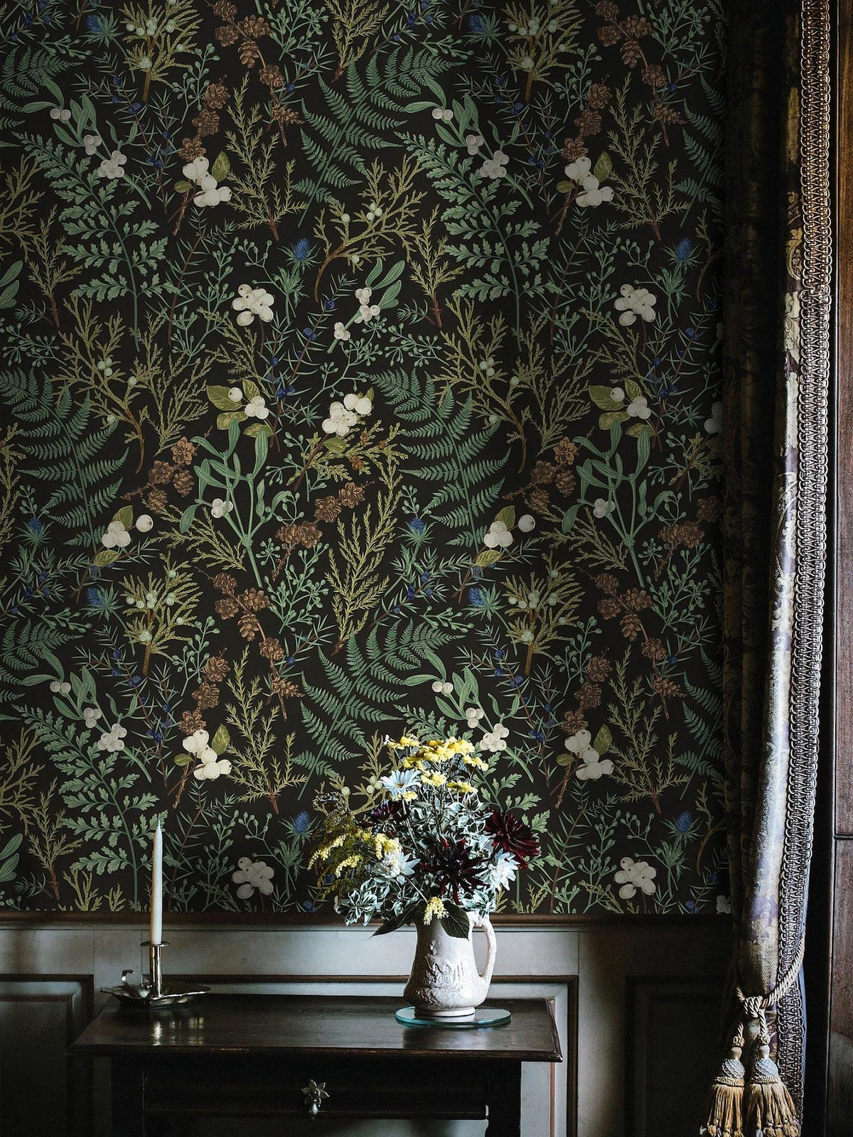 Vintage Fern Wallpaper beside a window with flowers