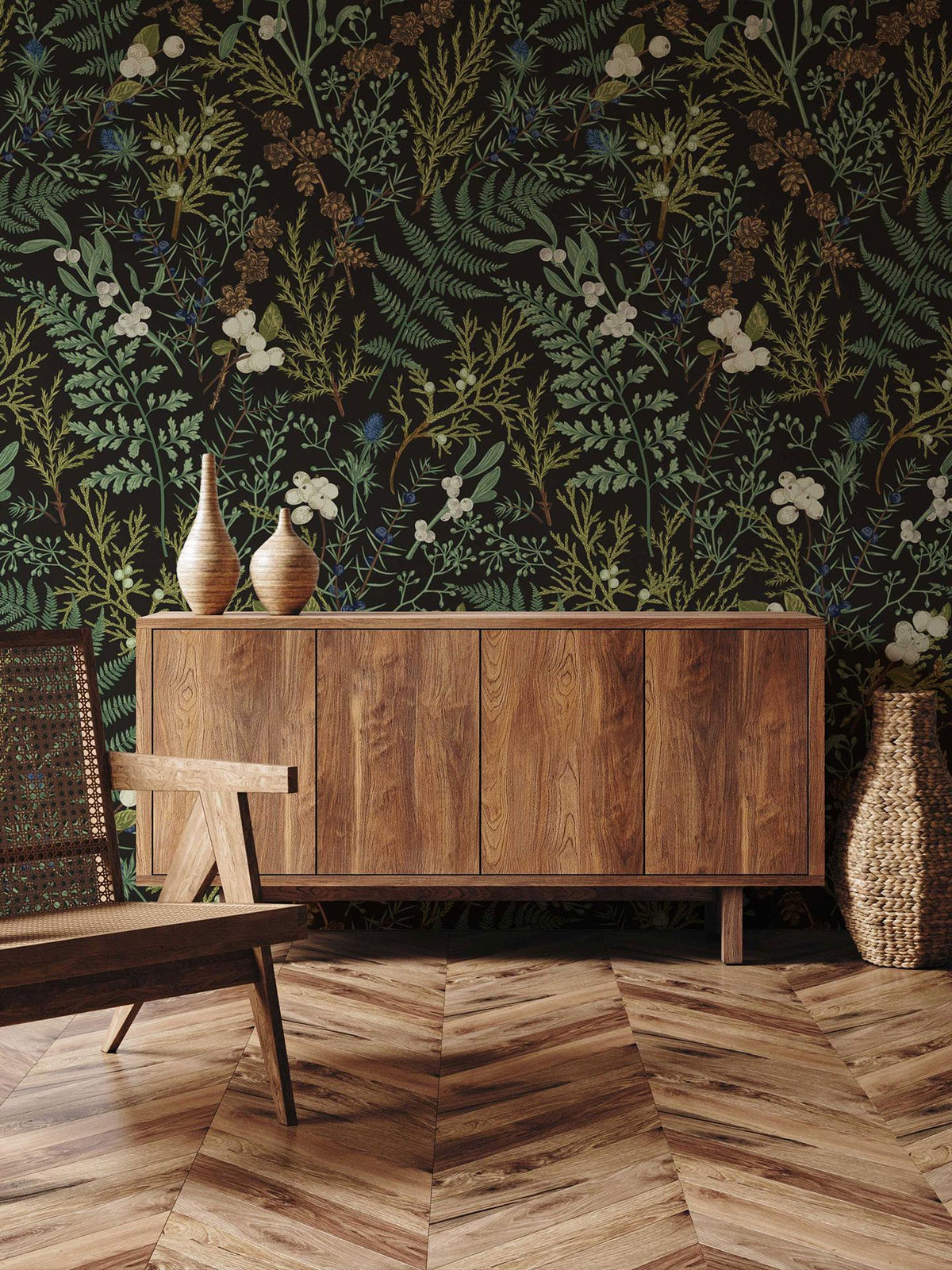 Vintage Fern Wallpaper behind a wooden sideboard