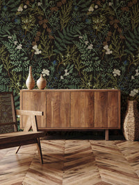 Vintage Fern Wallpaper behind a wooden sideboard