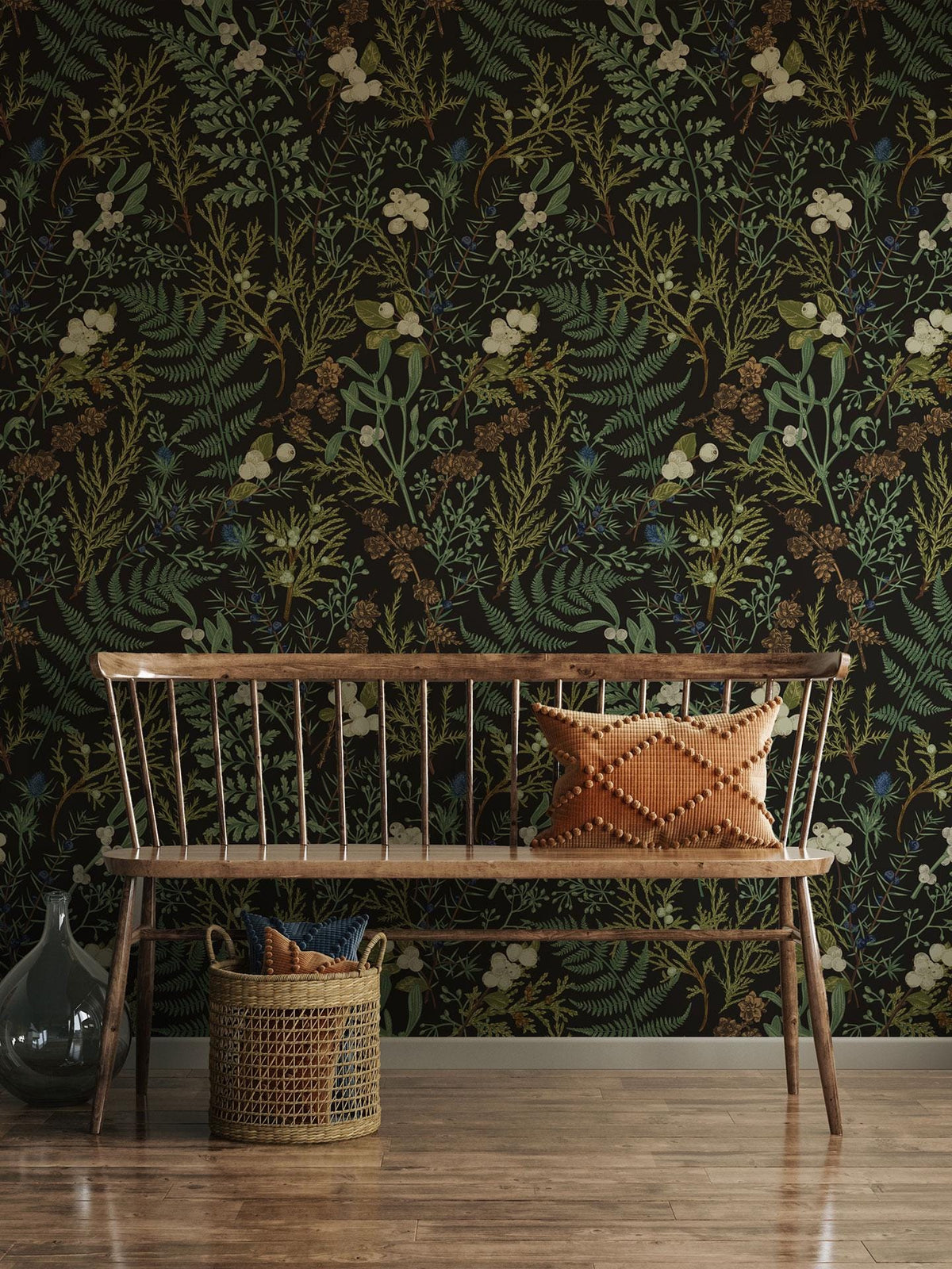 Vintage Fern Wallpaper behind a wooden bench