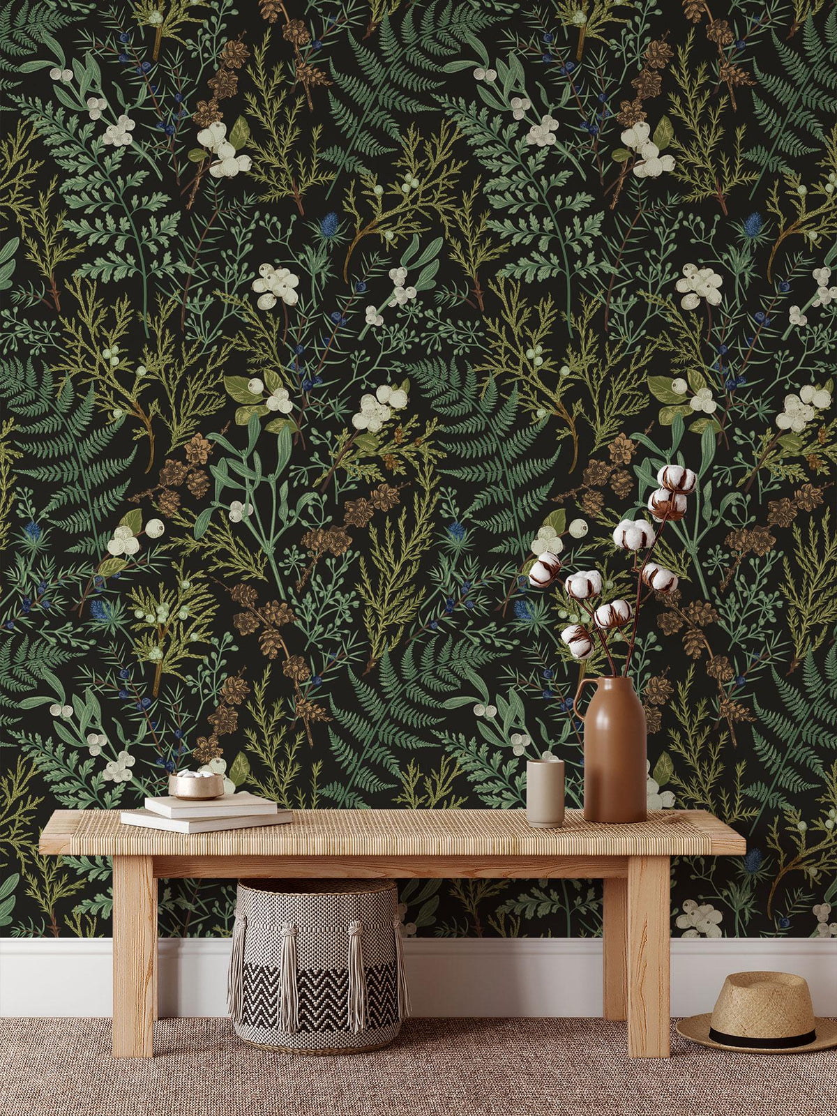 Vintage Fern Wallpaper behind a low bench