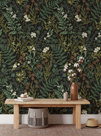 Vintage Fern Wallpaper behind a low bench