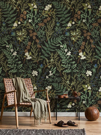 Vintage Fern Wallpaper behind a leather chair