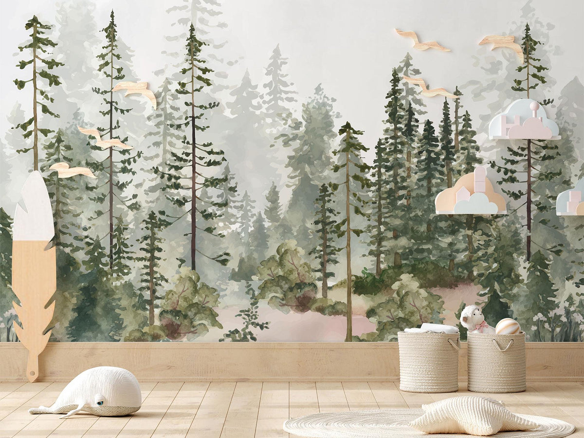 Watercolour Pine Forest Wall Mural in a playroom with a whale toy