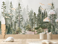 Watercolour Pine Forest Wall Mural in a playroom with a whale toy