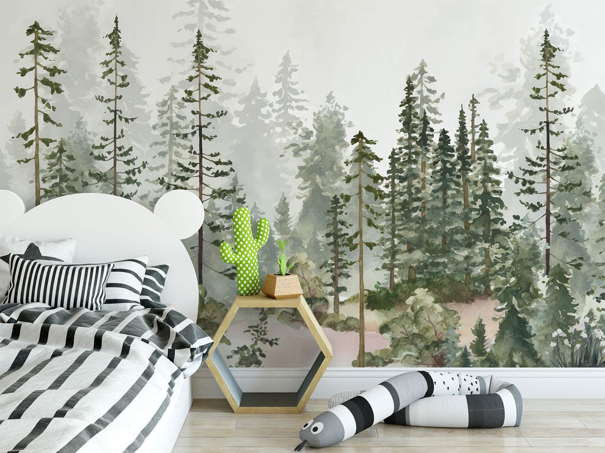 Watercolour Pine Forest Wall Mural behind a child's bed