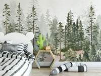 Watercolour Pine Forest Wall Mural behind a child's bed