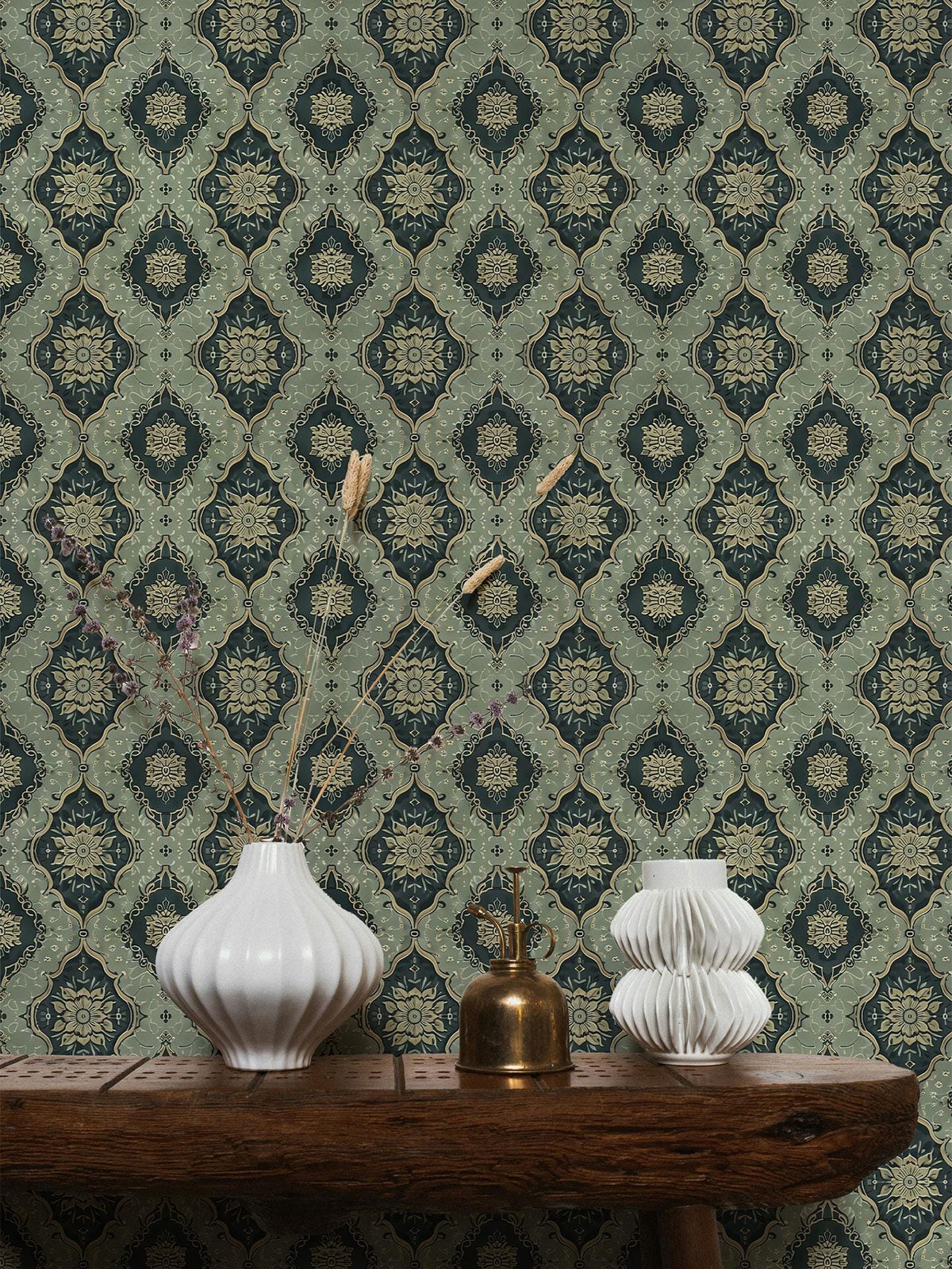 Vintage Green Medallion Wallpaper behind a console table
