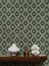Vintage Green Medallion Wallpaper behind a console table