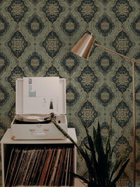 Vintage Green Medallion Wallpaper behind a record player