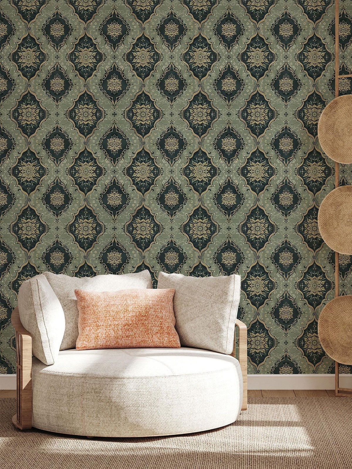 Vintage Green Medallion Wallpaper behind a round armchair