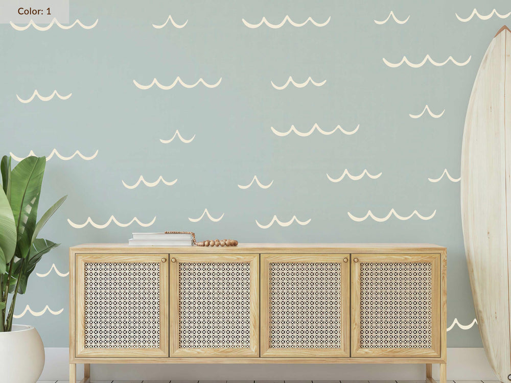Ocean Wave Wall Decals in cream on a sage wall