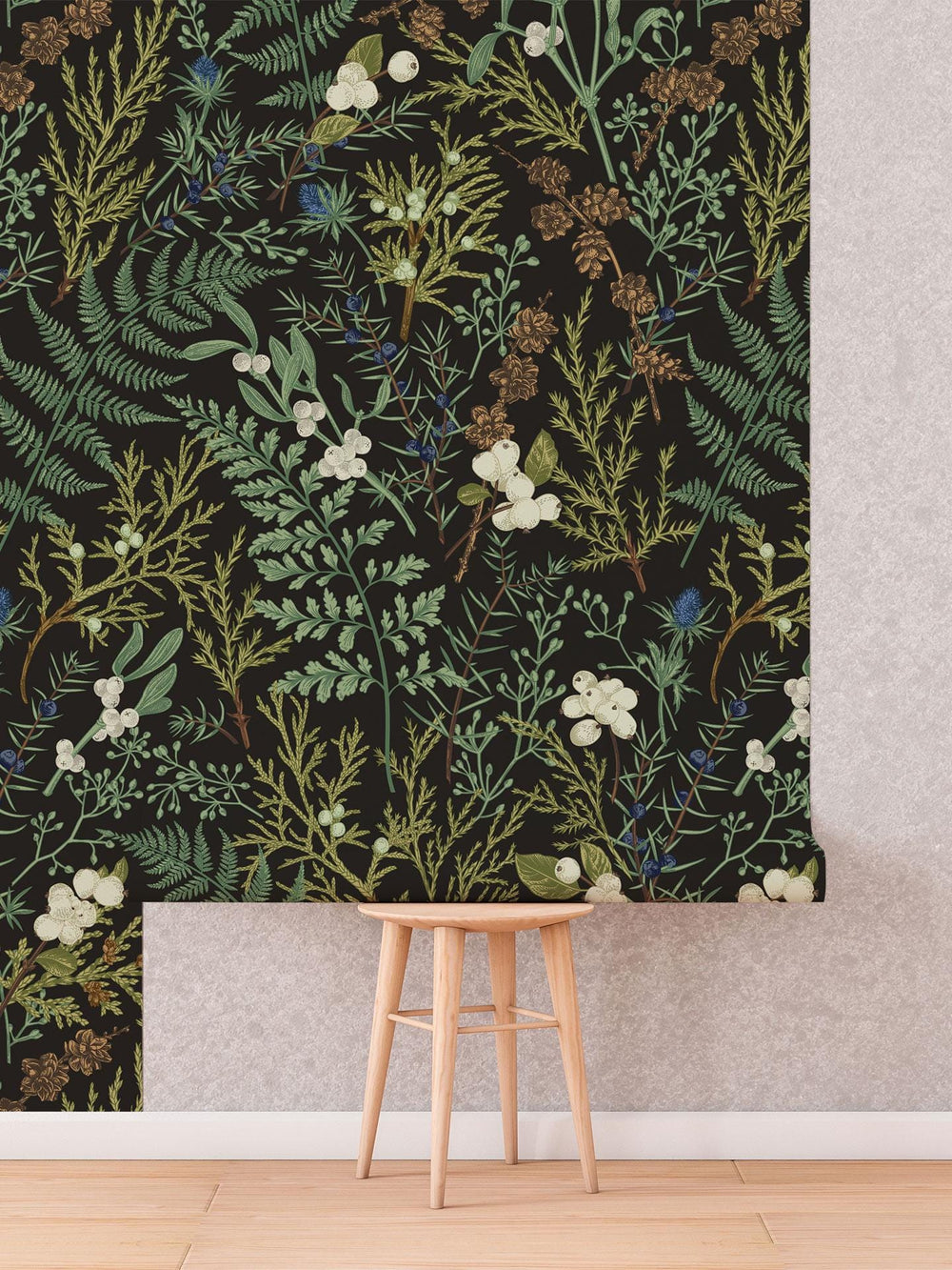 Vintage Fern Wallpaper roll shown against a wall