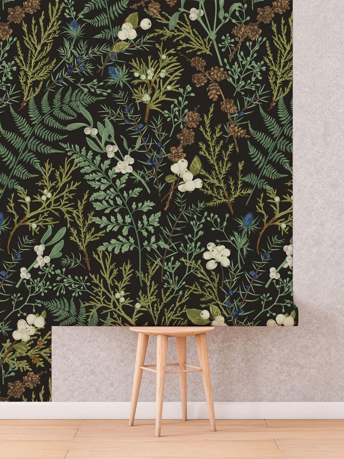 Vintage Fern Wallpaper roll shown against a wall