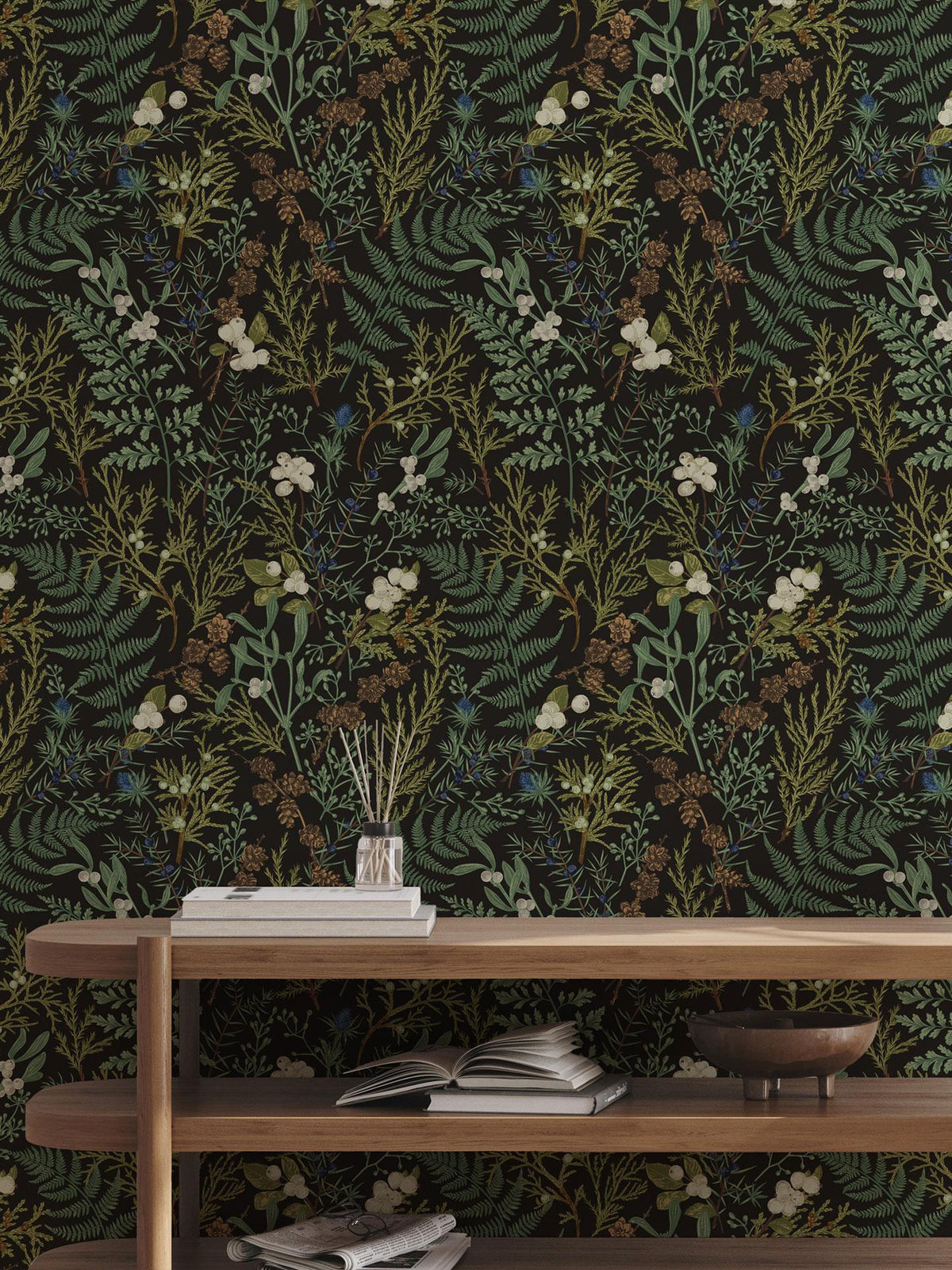 Vintage Fern Wallpaper behind a console shelf