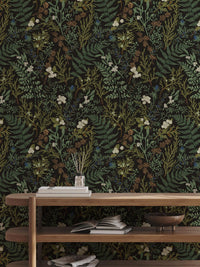 Vintage Fern Wallpaper behind a console shelf
