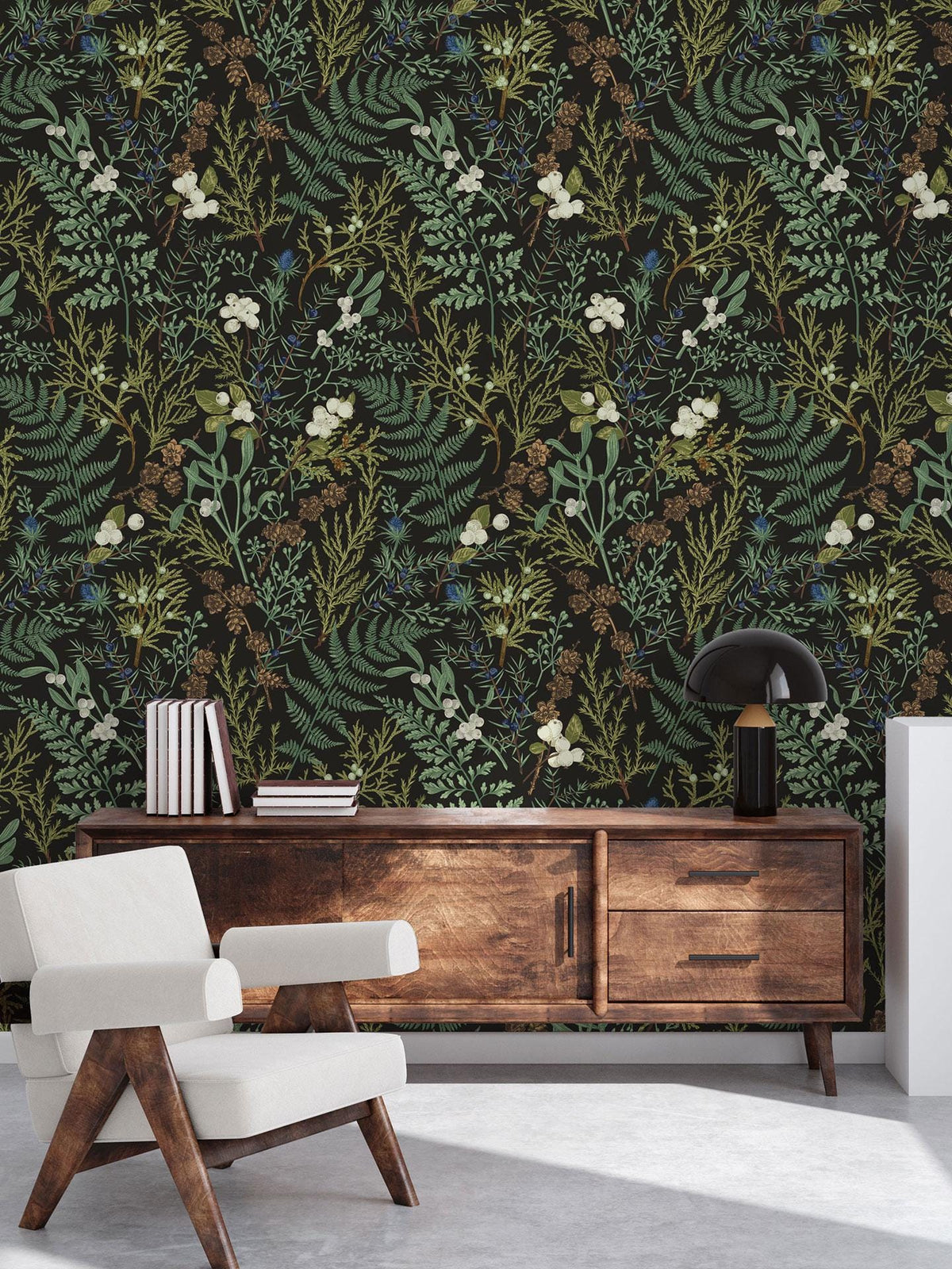 Vintage Fern Wallpaper behind a sideboard and armchair