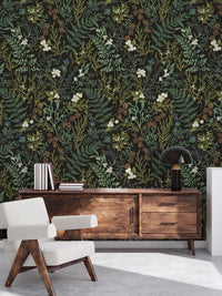 Vintage Fern Wallpaper behind a sideboard and armchair
