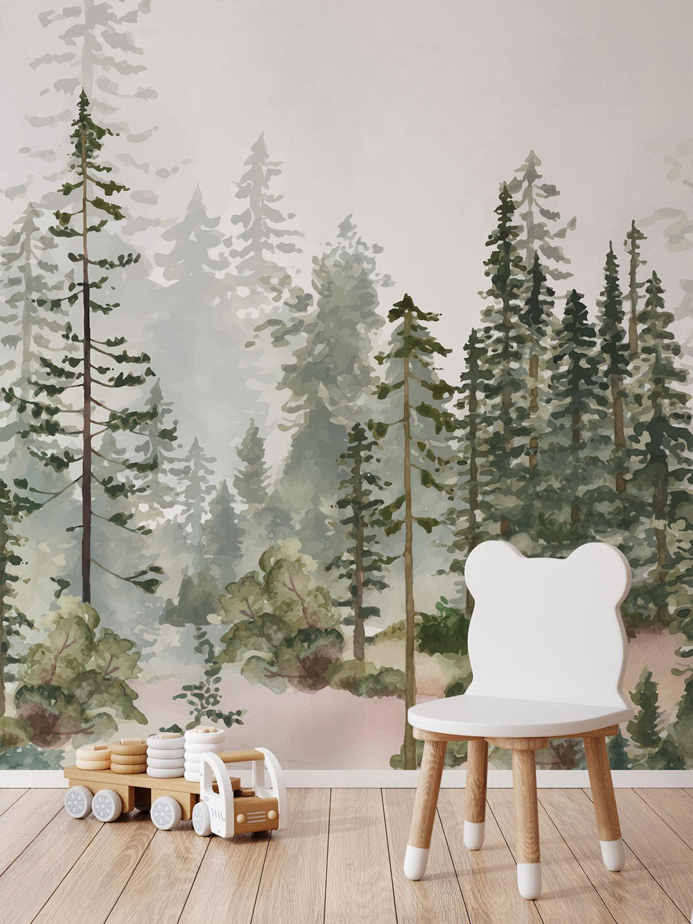 Watercolour Pine Forest Wall Mural behind a child's chair