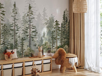 Watercolour Pine Forest Wall Mural behind a toy bench