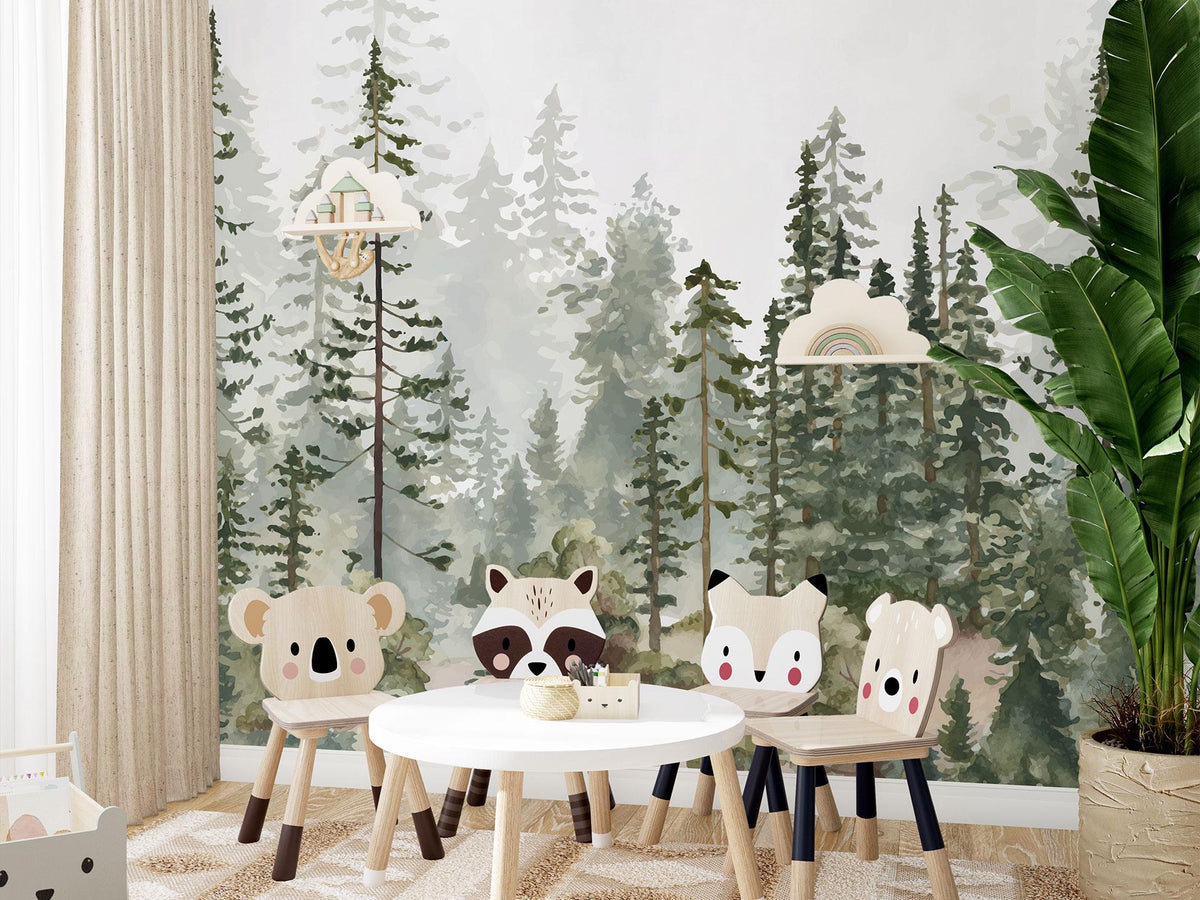 Watercolour Pine Forest Wall Mural behind a play table