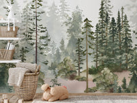Watercolour Pine Forest Wall Mural in a nursery with a sheep toy