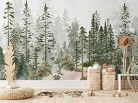 Watercolour Pine Forest Wall Mural in a playroom with toy baskets