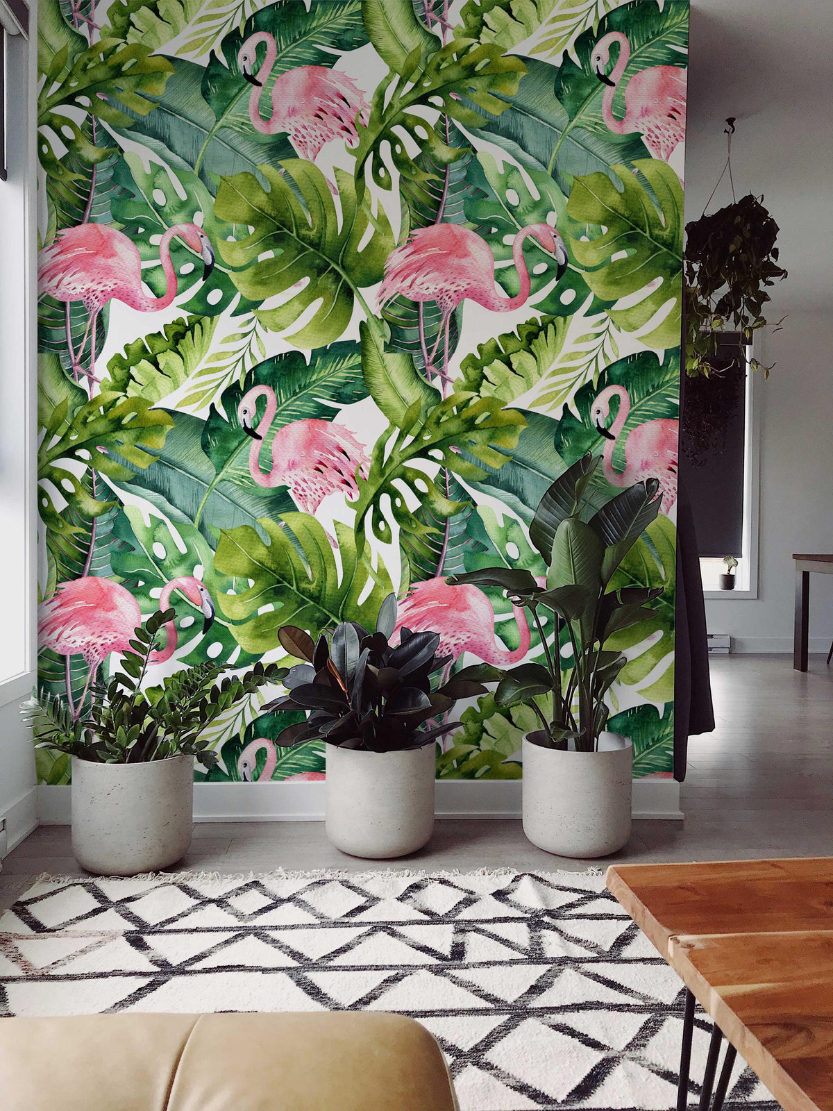 Tropical Flamingo Wallpaper in a living room