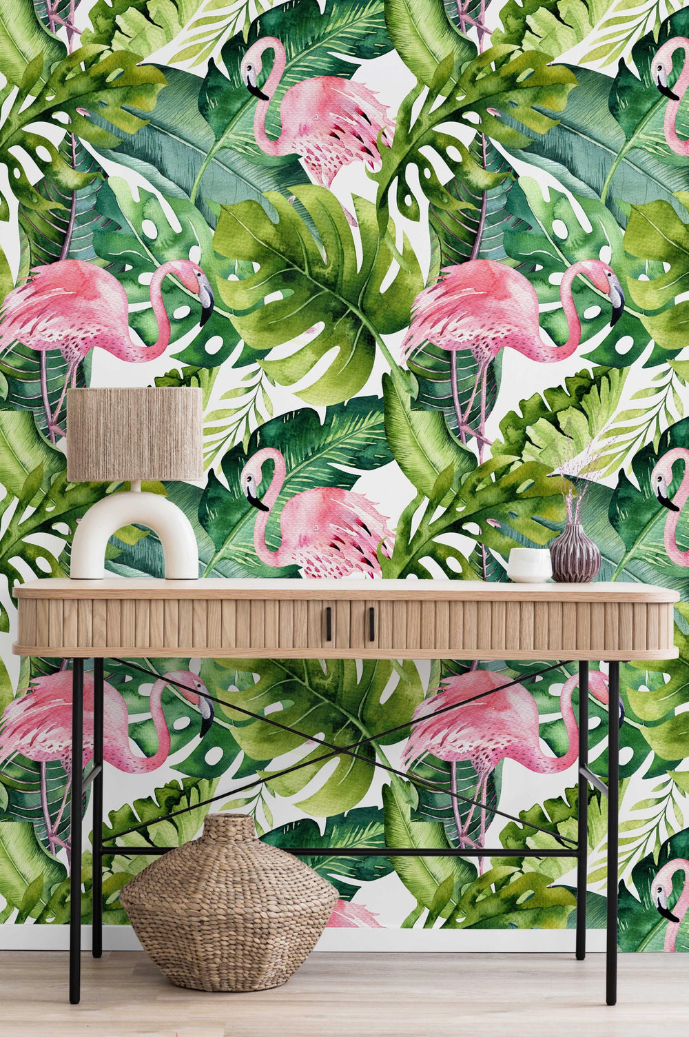Tropical Flamingo Wallpaper behind a console table