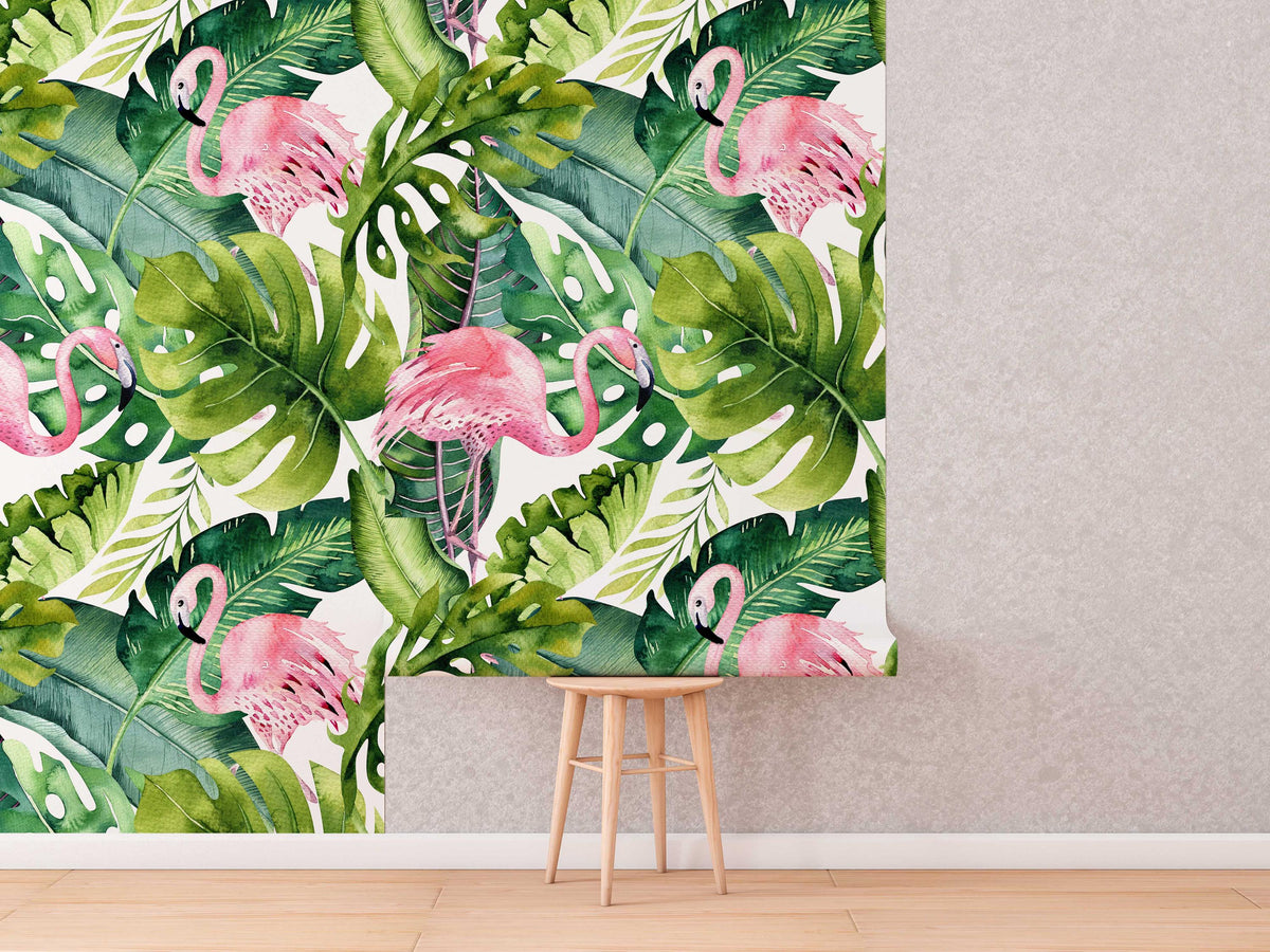 Tropical Flamingo Wallpaper roll shown against a wall