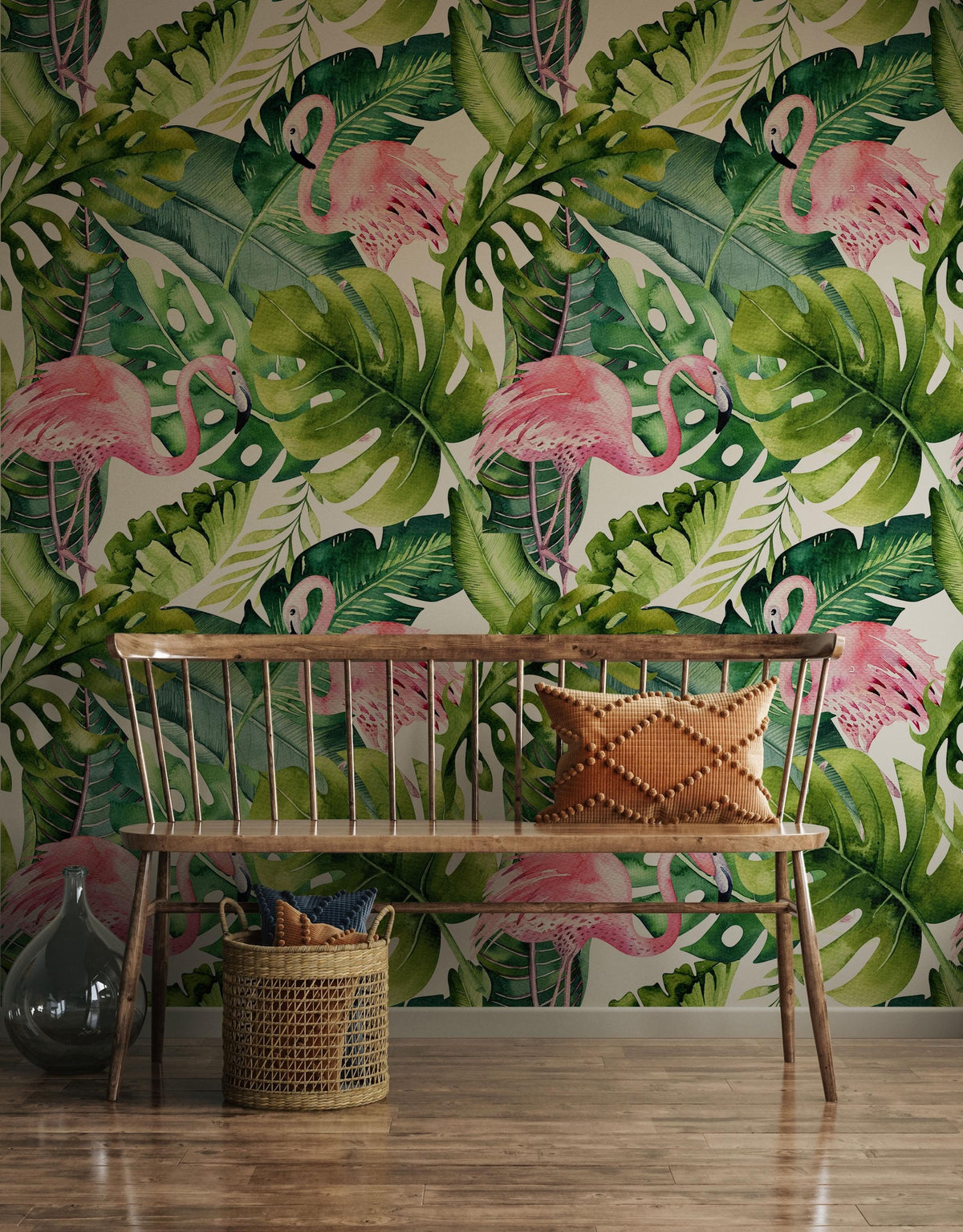 Tropical Flamingo Wallpaper behind a wooden bench